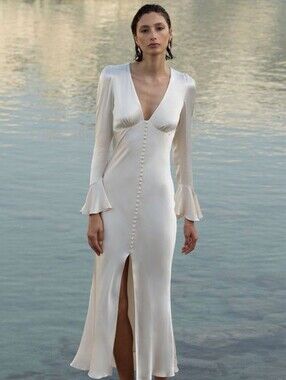 Bridal | Shona Joy | La Lune Frill Cuff Bias Midi Dress | Cream | Wedding